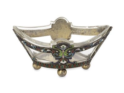 RUSSIAN SILVER AND CLOISONN&Eacute; ENAMEL SALT CELLAR WITH GLASS INSERT
maker’s mark GP, St. 