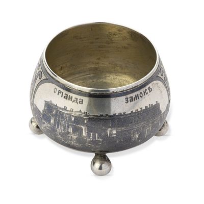 RUSSIAN PARCEL-GILT SILVER AND NIELLO SALT CELLAR
Maker’s mark of M.F. Sokolov, Assay master’s 