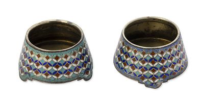 PAIR OF RUSSIAN PARCEL-GILT SILVER AND ENAMEL SALT CELLARS
Assay master’s mark of Lev Oleks 