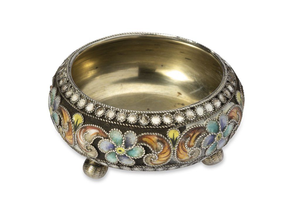FINE RUSSIAN PARCEL-GILT SILVER AND CLOISONNE ENAMEL SALT CELLAR
Nikolai Alekseev, Moscow 