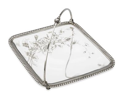FABERGE SILVER TRAY WITH FLORAL ENGRAVING AND A SWING HANDLE
The House of Faberge, 1894. Hallmark 
