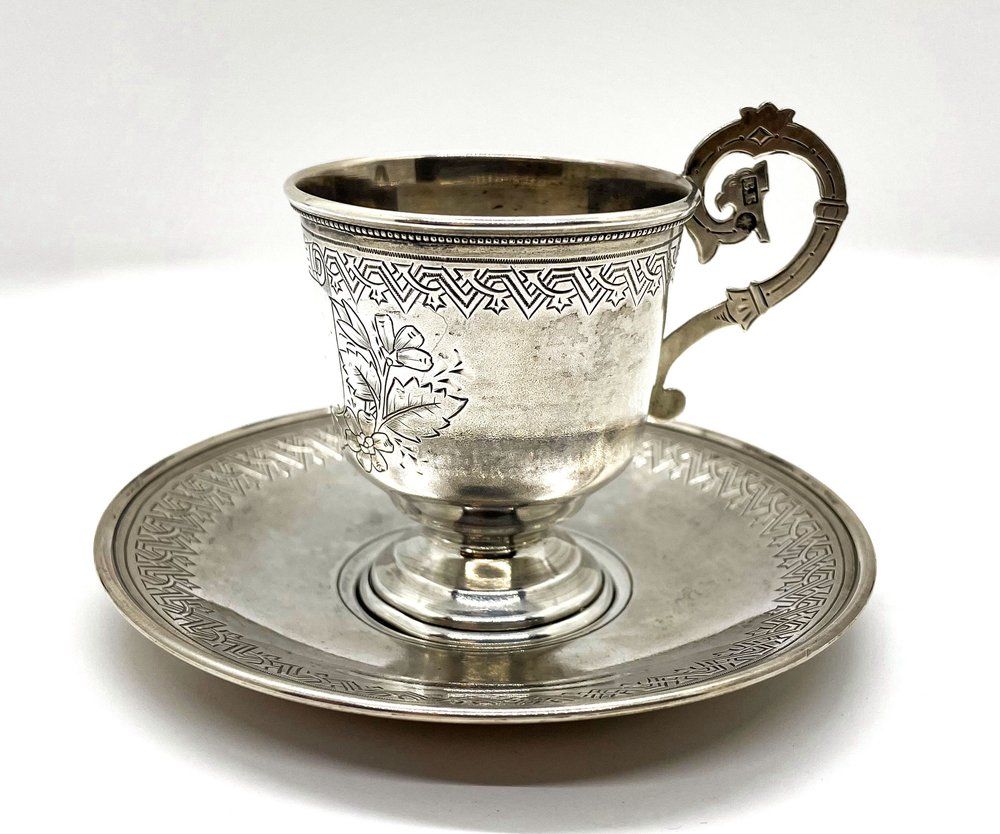 SILVER CUP AND SAUCER IN NEO-RUSSIAN STYLE
Workshop of Vasily Efimovich Baladanov, Moscow, 1889. 