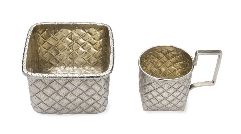 SOKOLOV PARCEL-GILT SILVER TROMPE L’OEIL ‘PLETENKA’ (BRAIDED) BASKET AND VODKA GLASS. Hallmarks: 
