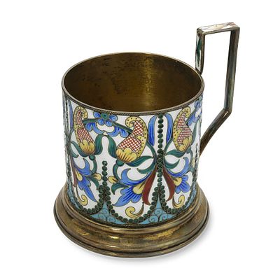SOVIET SILVER-GILT AND ENAMEL TEA GLASS HOLDER
Leningrad Jewellery Factory, 1954. Hallmarks: 