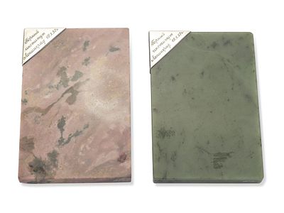[LYDIA PLEKHANOVA-LE SAVOUREUX]
SET OF TWO PLATES/SAMPLES OF NEPHRITE AND RHODONITE, 1957. dedica 