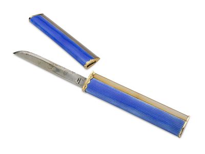 CARTIER PARIS BELLE EPOQUE GOLD, SILVER, STEEL, AGATE AND BLUE GUILLOCH&Eacute; ENAMEL SCRAPER/PAPER 