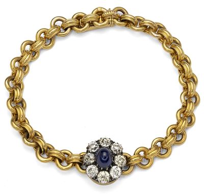 GOLD, SAPPHIRE AND DIAMOND BRACELET
Mark KF, probably Faberg&eacute;, late 19th-early 20th century. 14k 