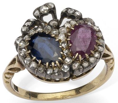 ANTIQUE GOLD, SAPPHIRE, RUBY AND DIAMOND RING
19th century. yellow gold ring set with sapphire 