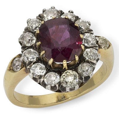 KARL GAN 18K YELLOW GOLD, DIAMOND AND RUBY RING
Mark of Karl Gan, Supplier to the Imperial High 