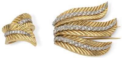 BOUCHERON ‘PALMETTE’ 18K YELLOW GOLD, PLATINUM AND DIAMOND RING AND BROOCH, 1950s - 1960s. Vintag 