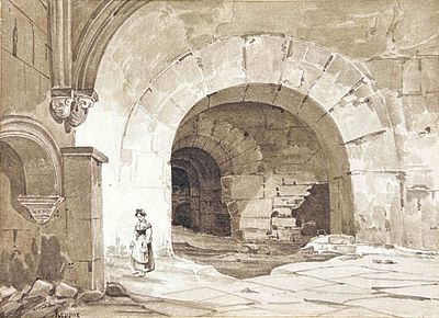 CHARLES CA&Iuml;US RENOUX (1795-1846)
Church ruins. signed ‘Renoux’ (lower right)watercolour, ink and 