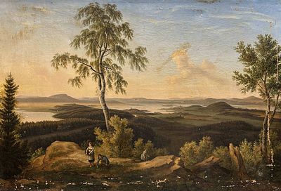 JOHANN HEINRICH BECK (1788-1875)
Mountainous river landscape with berry gatherers. signed and 