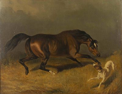 PIETER VAN LOON (1801-1873)
Bay Horse with white hound. signed and dated ‘P van Loon 1847’ 