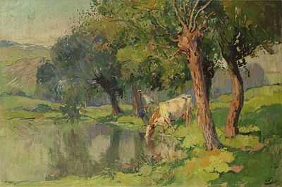 HENRI ROIDOT (1877-1960)
Paysage avec vache s'abreuvant. signed 'H. Roidot' (lower right)oil on 
