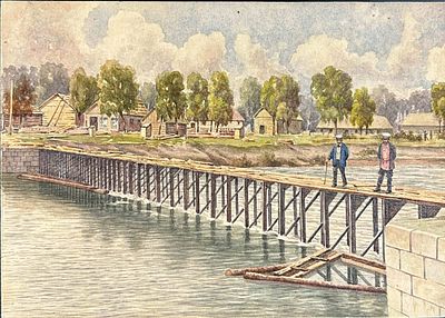 RUSSIAN SCHOOL, circa 1850–1870
Construction of a timber bridge. watercolour on paper22 x 32 