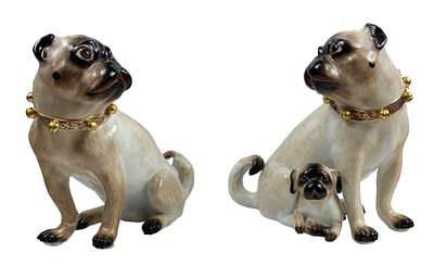 ‘PUGS’ PAIR OF PORCELAIN FIGURINES 
MEISSEN, AFTER A MODEL BY JOHANN JOACHIM K&Auml;NDLER, 19TH CENTURY. 