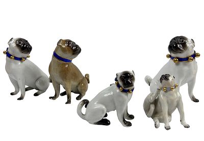 ‘PUGS’ SET OF FIVE PORCELAIN FIGURINES
MEISSEN, AFTER MODELS BY K&Auml;NDLER AND REINICKE, 19TH CENTURY. 