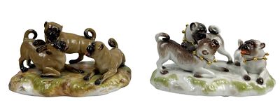 ‘PUGS AT PLAY’ SET OF TWO PORCELAIN GROUPS
MEISSEN, AFTER MODEL BY JOHANN JOACHIM K&Auml;NDLER, 19TH 