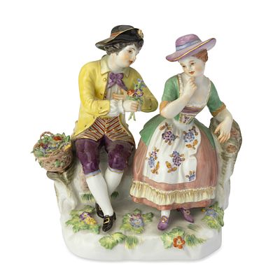 ‘THE SHEPHERD AND HIS COMPANION ON A BENCH’ PORCELAIN GROUP, 19TH CENTURY
MEISSEN, KNAUF PERIOD 