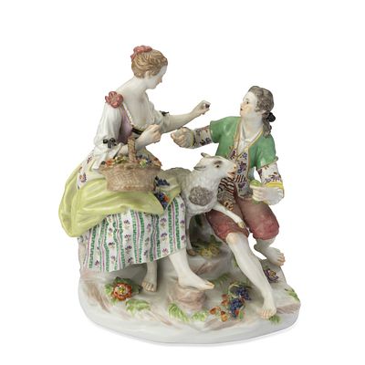 ‘THE SHEPHERD AND THE SHEPHERDESS FEEDING A LAMB’ PORCELAIN GROUP, 19TH CENTURY
MEISSEN, KNAUF 