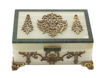 WHITE ONYX, MALACHITE AND GILT-BRONZE JEWELLERY CASKET
MARTYN MIKITIN LAVROV, IMPERIAL RUSSIA 