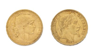 SET OF TWO GOLD COINS, 1867 AND 1914. set comprising two 21.6K gold (900/1000) coins: one 20 