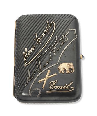 COMMEMORATIVE BLUED STEEL, GOLD AND SAPPHIRE CIGARETTE CASE
IMPERIAL RUSSIA, CIRCA 1908–1914. com 