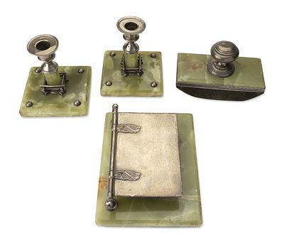 SILVER-MOUNTED ONYX DESK SET, 4 PIECES
Maker's mark A.T., St Petersburg, 1899-1908. Hallmarks: 