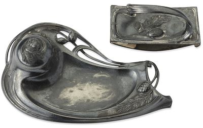 AUSTRIAN OR GERMAN ART NOUVEAU IRON DESK SET, CIRCA 1900–1915. comprising:inkwell, L. 18.5 