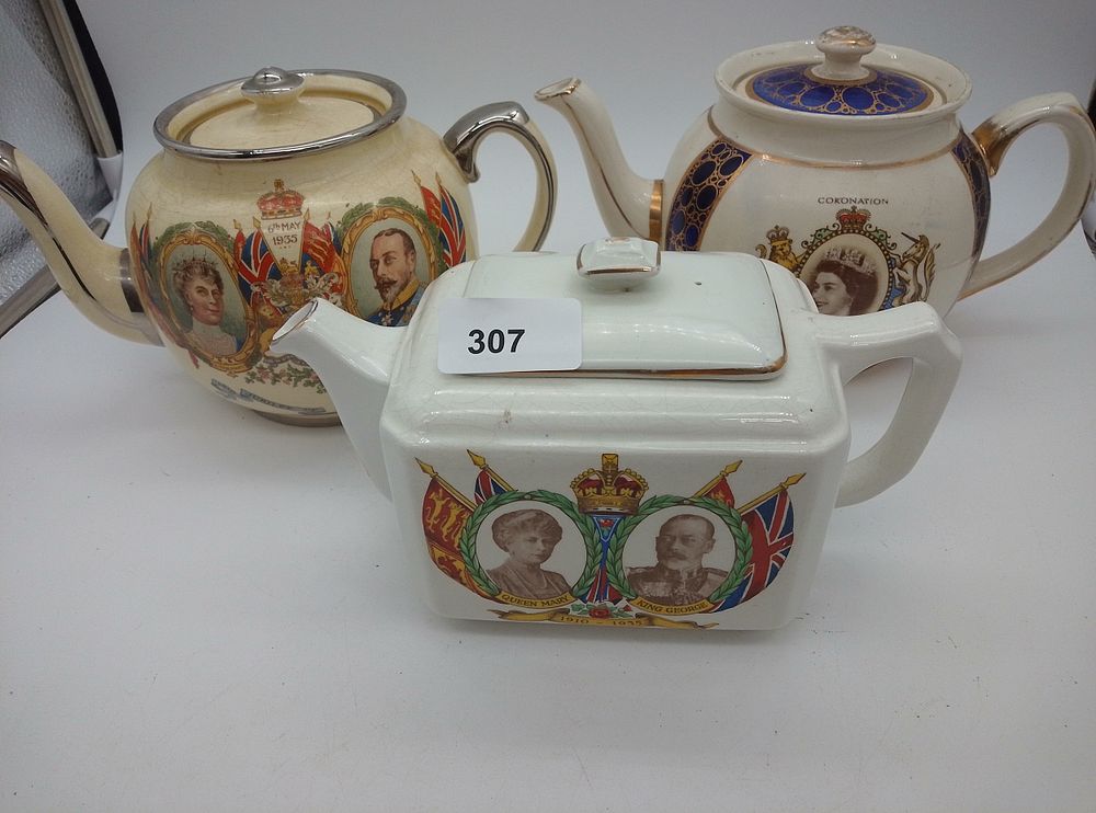Lot 307: 3 Royal Comemertive tea pots 