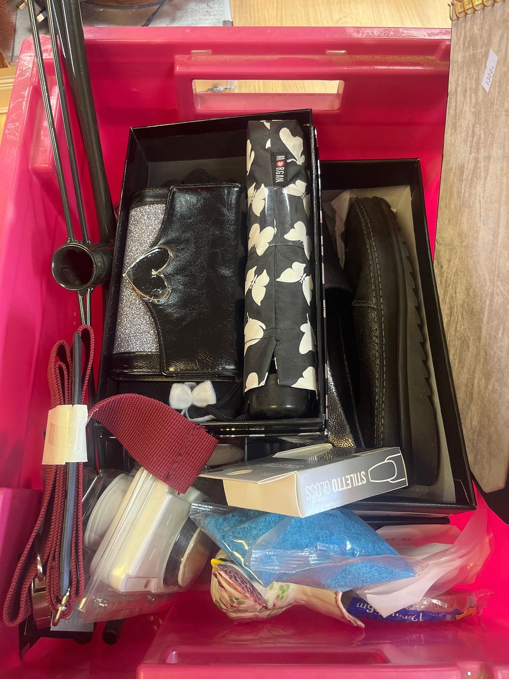 Lot 249: A box of purses and shoes etc