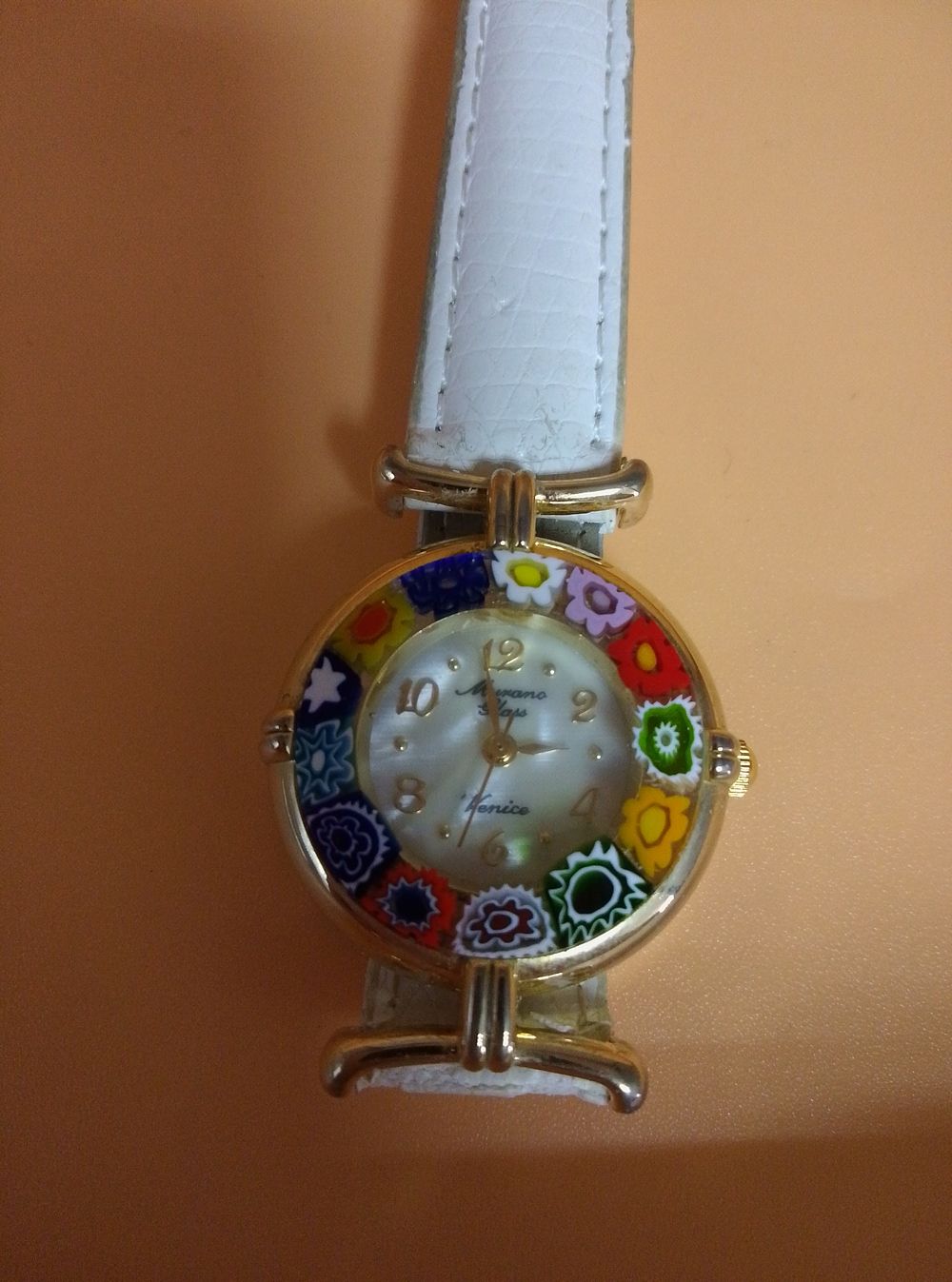 Lot 326: Murano Glass Millefiori Ladies Wristwatch with White Leather...