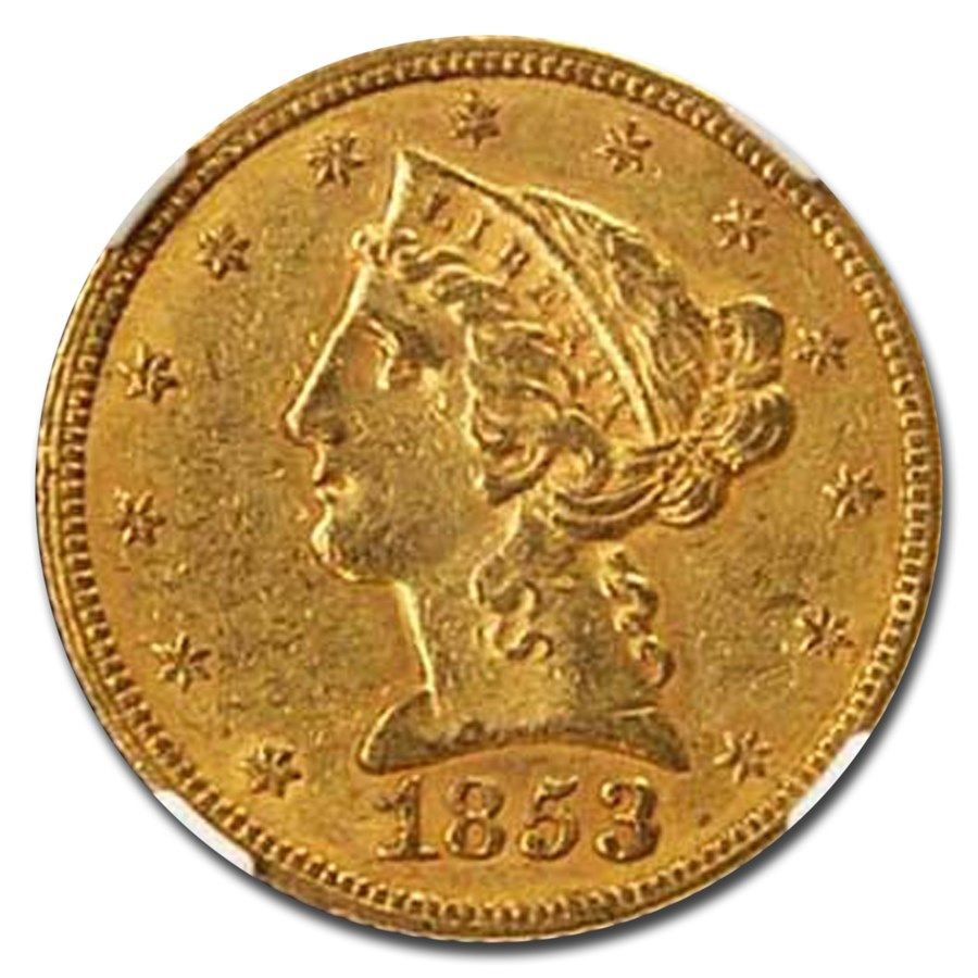 Lot 60: 1853 $5 Liberty Gold Half Eagle AU-55 NGC CAC