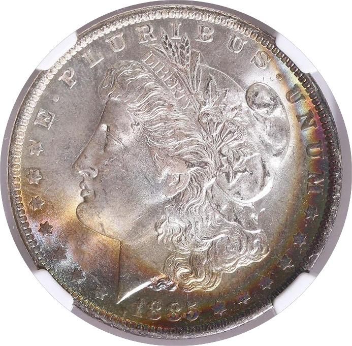 Lot 143: Morgan Dollar 1885-O MS66 NGC Rainbow Toning (026)