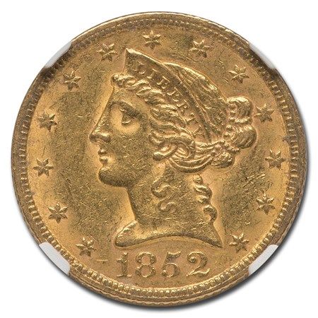 Lot 206: 1852 $5 Liberty Gold Half Eagle AU-55 NGC