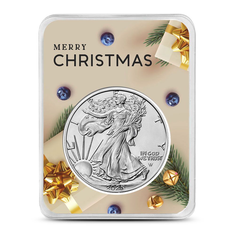 Lot 61: 2025 1 oz American Silver Eagle Coin (BU, Merry Christmas Present Card)