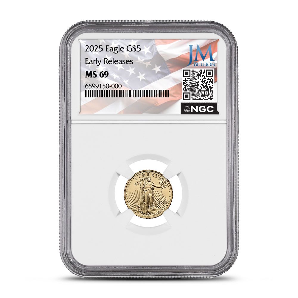 Lot 184: 2025 1/10 oz American Gold Eagle Coin NGC MS69 ER - JM Bullion Flag Label