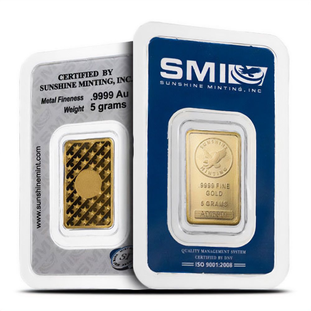 Lot 98: 5 Gram Sunshine Gold Bar (New w/ Assay, MintMark SI)