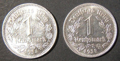 Nazi Germany 2x high-grade silver Reichsmarks coins 1934A UNC & 1938G BU; KM# 78. Germany lot 2x 