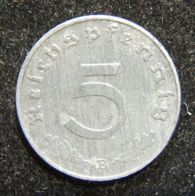 WWII Nazi Germany 5pf 1943B zinc coin KN 100, rarest Third Reich zinc coin; AU. Germany: 5pf 