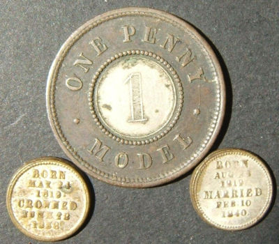 Great Britain bimetallic One Penny Model bimetallic & 2x Victoria/Albert tokens. Great Britain 