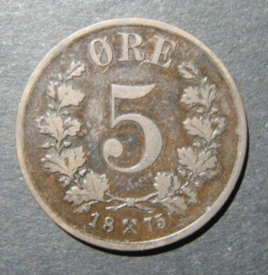 Norway/Norwegian 5 Ore 1875 key date bronze coin, F-VF. Norway, 5 Ore - 1875 ( key date ) 