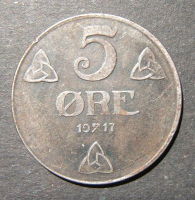 Norway/Norwegian World War I WWI issue 5 Ore 1917 iron coin, EF. Norway, 5 Ore - 1917 , Iron. 