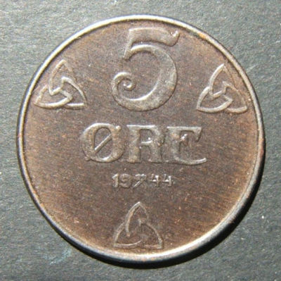 Norway/Norwegian WWII Quisling-German occupation 5 Ore 1944 iron coin, UNC. Norway, 5 Ore - 1944 