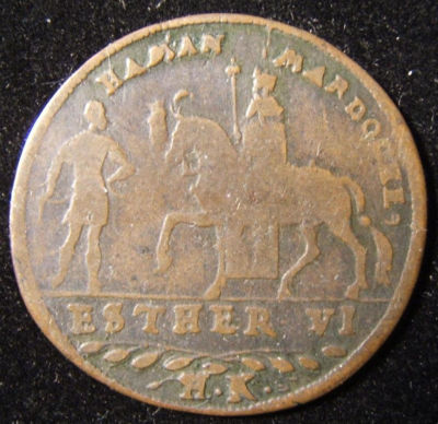 Hans Krauwinkel Purim Judaica jeton of Esther & Haman, 1590. Germany > Nuremburg: Purim jeton 