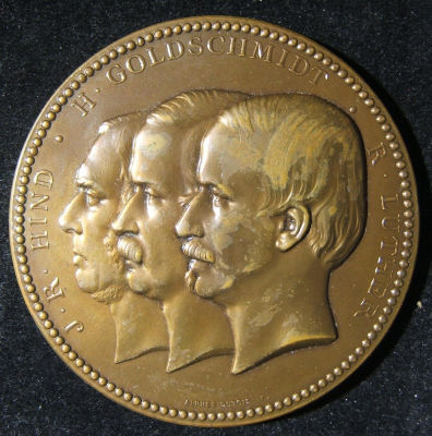 Judaica medal for 100th Astroid discovered w/Jewish astronomer Goldschmidt, 1868. France: bronze 