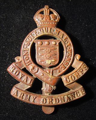 World War II era British Army metal hat badge of the Royal Army Ordnance Corps