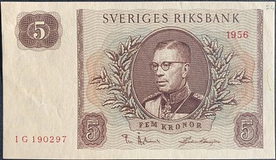 Sweden 5 Kroner, 1956 (P #42) in AU