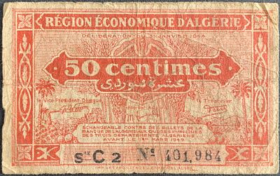 Algeria (French administration) - 1944 50 Centimes currency note in red, 1st issue with series