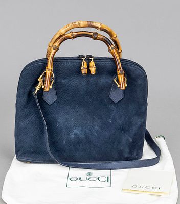 Gucci, Small Vintage Suede Bamboo Satchel Bag, midnight blue suede with details in grained 